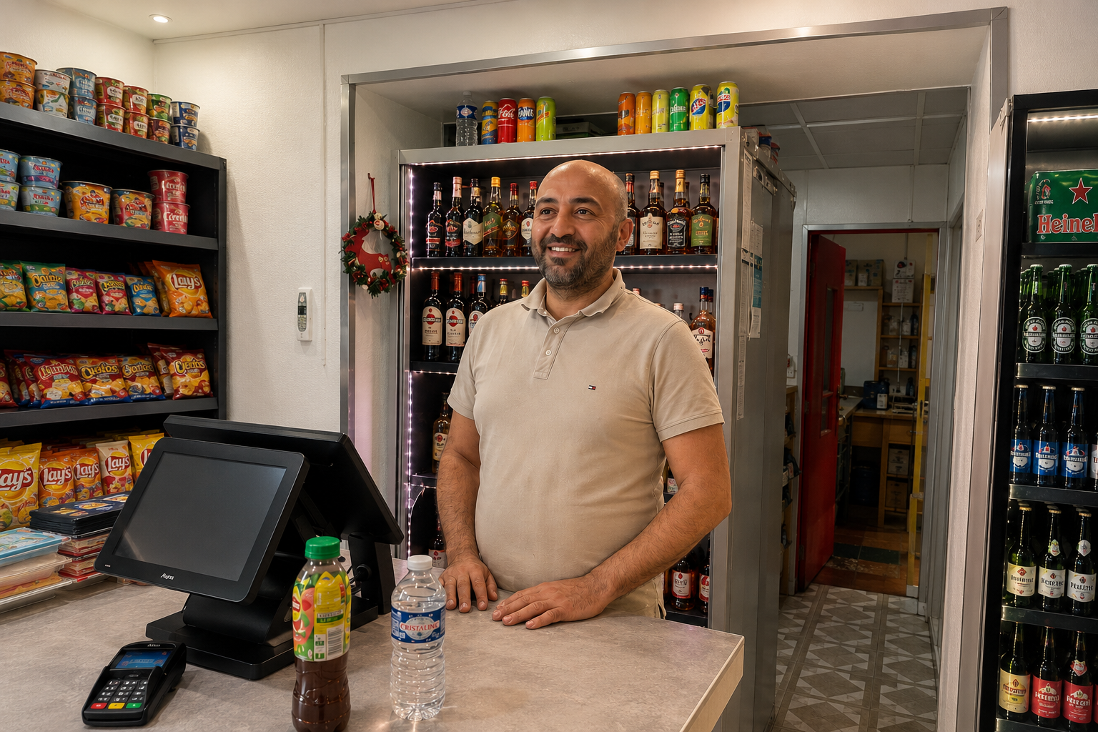 Gérant devant son épicerie